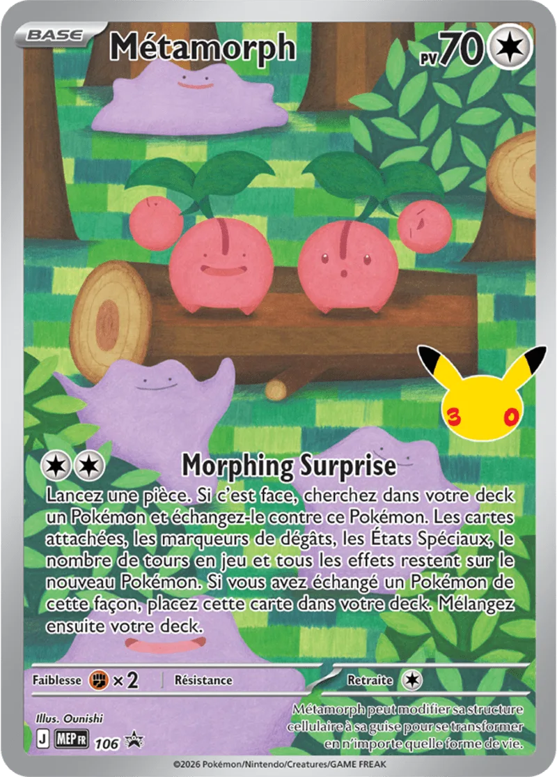 Carte promo Métamorph brillante de la Collection Premium Métamorph Pokémon 30ᵉ Anniversaire, Ditto rose souriant avec le tampon des 30 ans