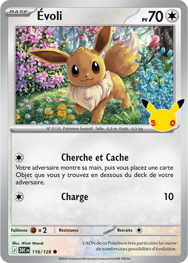 Carte promo Évoli brillante 116/128 du set Pokémon 30ᵉ Anniversaire avec le tampon Pikachu des 30 ans, incluse dans les blisters et la Collection K.O.