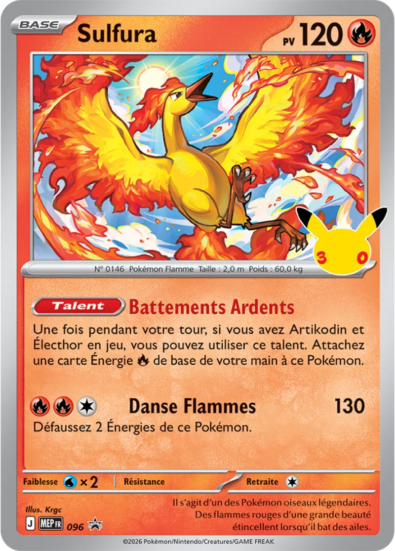 Carte promo Sulfura brillante numérotée MEP 096, l'une des trois promos des oiseaux légendaires de la Collection poster Pokémon 30ᵉ Anniversaire
