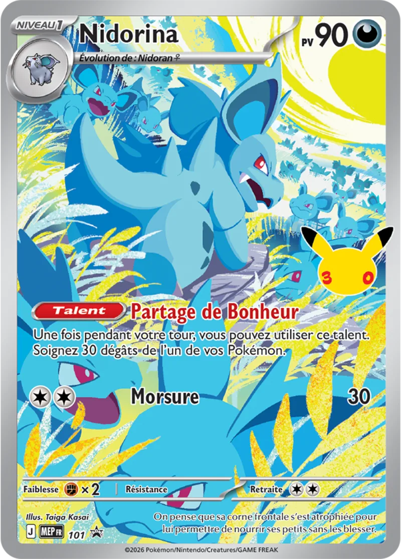 Carte promo Nidorina full-art brillante du Coffret Dresseur d'élite Pokémon 30ᵉ Anniversaire, numérotée dans la série promo MEP