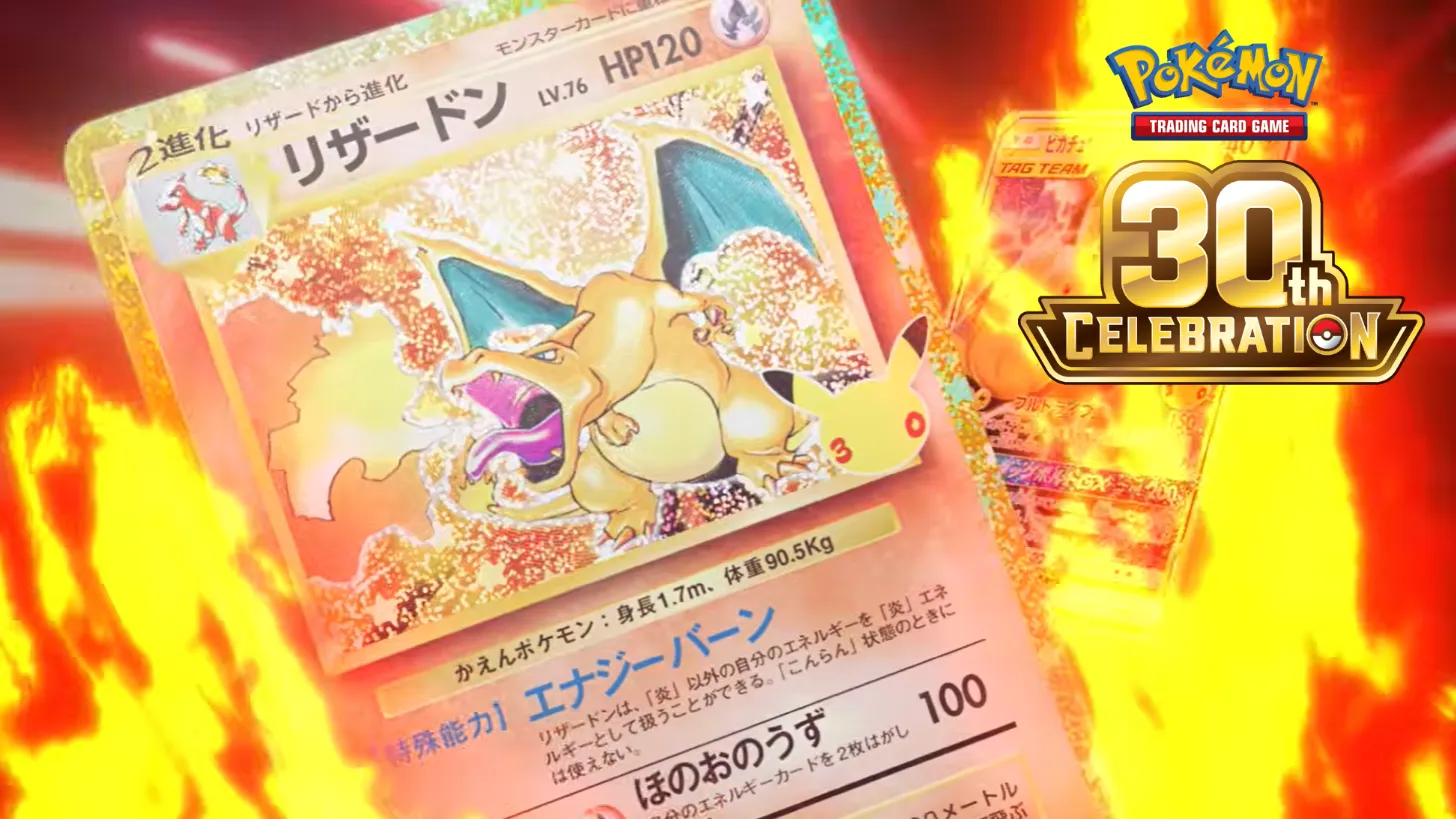 La réédition du Dracaufeu Set de Base du set 30th Celebration, à côté du logo officiel Pokémon JCC 30th Celebration