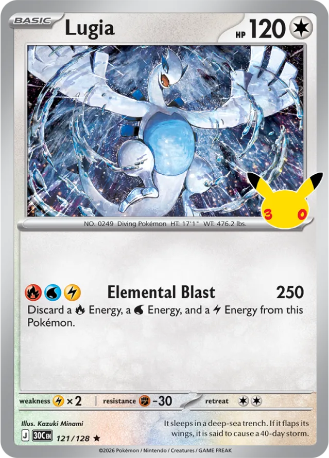 Lugia-kaart uit de Pokémon 30-jaar jubileumset, legendarische Pokémon van Johto, 120 HP met de aanval Elemental Blast