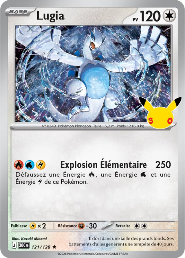 Carte Lugia du set Pokémon 30th Celebration, Pokémon légendaire de Johto, 120 PV avec l'attaque Explosion Élémentaire