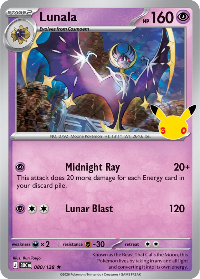 Lunala-kaart uit de Pokémon 30-jaar jubileumset, de legendarische maanvleermuis van Alola, 160 HP met de aanval Lunar Blast