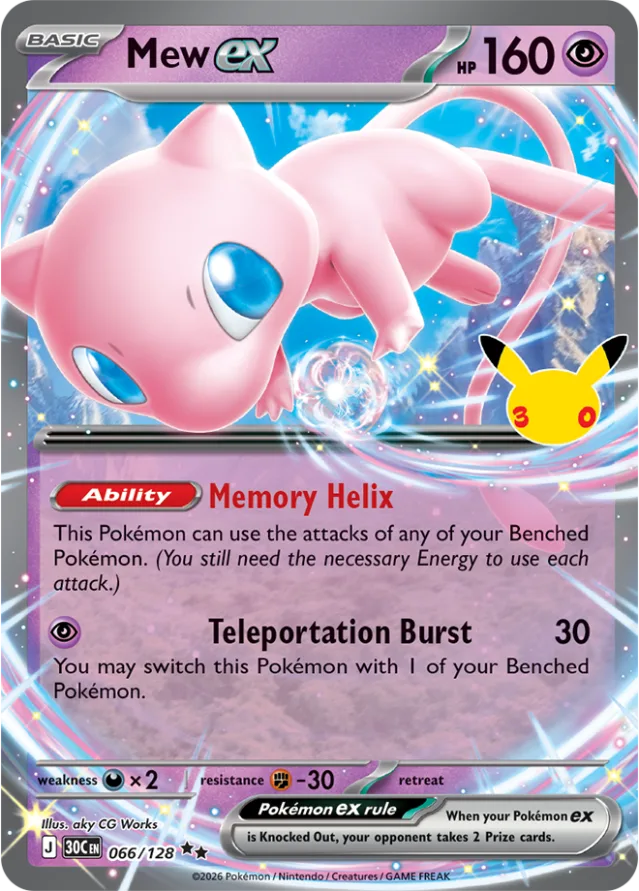 Mew ex-kaart uit de Pokémon 30-jaar jubileumset, een mythische Pokémon, 160 HP met de aanval Teleport Break