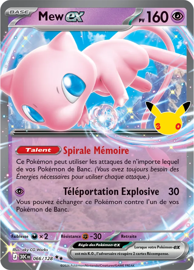 Carte Mew-ex du set Pokémon 30th Celebration, Pokémon mythique, 160 PV avec l'attaque Téléportation Explosive