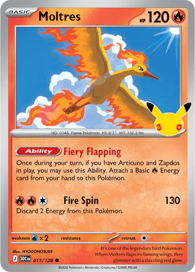 Moltres-kaart uit de Pokémon 30-jaar jubileumset, de legendarische vuurvogel van Kanto, 120 HP met de aanval Flame Dance
