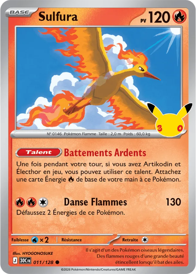 Carte Sulfura du set Pokémon 30th Celebration, oiseau de feu légendaire de Kanto, 120 PV avec l'attaque Danse Flammes