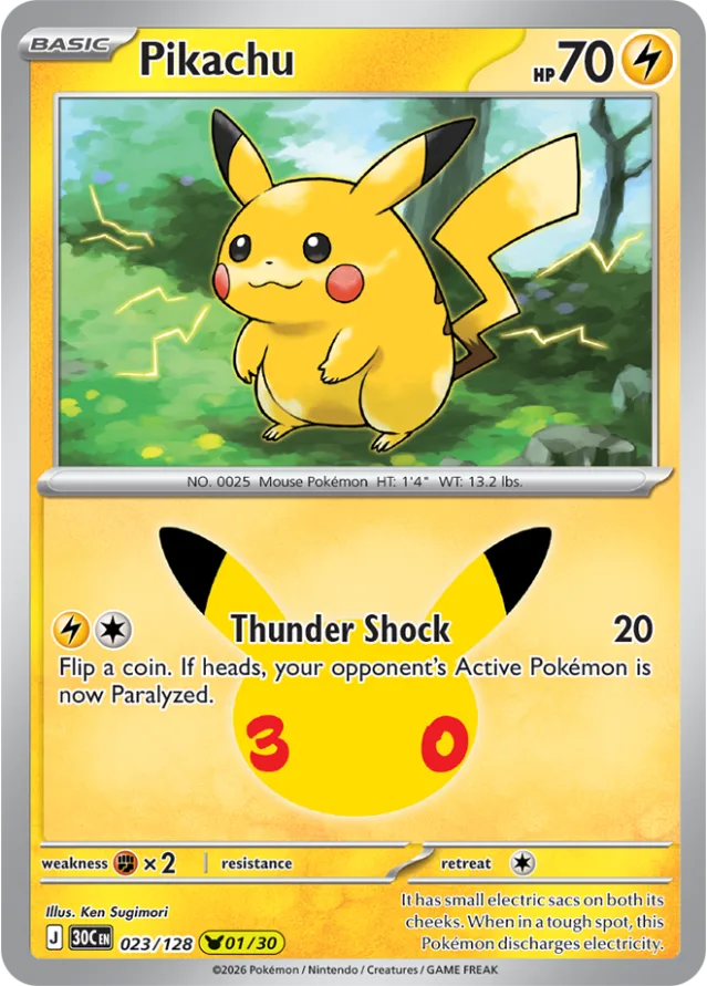 Nog een Pikachu Rare-kaart uit de Pokémon 30th Celebration-set, Pikachu in het gras met de aanval Thunder Jolt