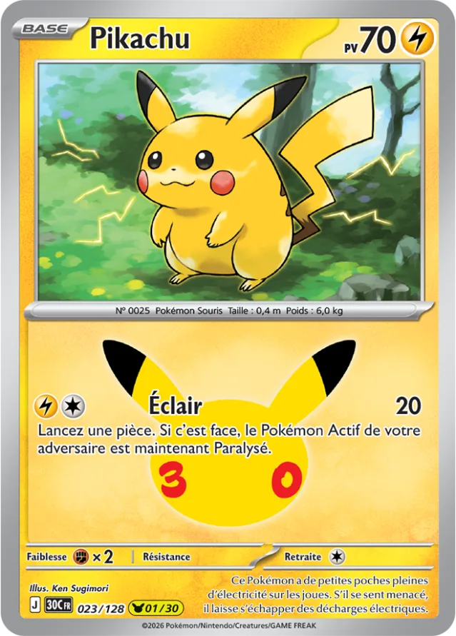 Autre carte Pikachu Rare du set Pokémon 30th Celebration, Pikachu dans l'herbe avec l'attaque Éclair