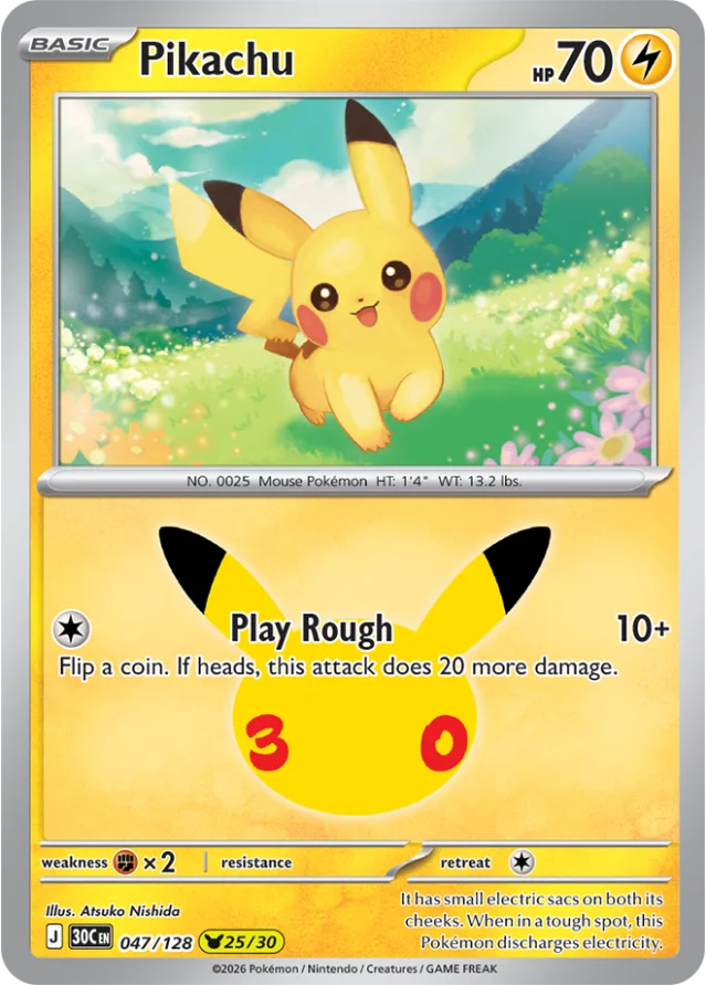 Pikachu Rare-kaart uit de Pokémon 30th Celebration-set, Pikachu in een bloemenveld met de aanval Sweet Nuzzle
