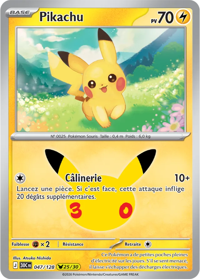 Carte Pikachu Rare du set Pokémon 30th Celebration, Pikachu dans un champ fleuri avec l'attaque Câlinerie
