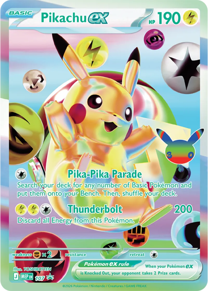 Promo Pikachu ex version jour du set Pokémon 30th Celebration, illustrée par YOSHIROTTEN dans des teintes claires et arc-en-ciel