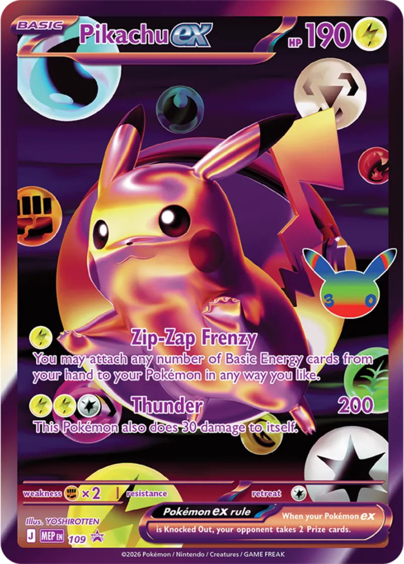 Pikachu ex night version promo from Pokémon 30th Celebration, illustrated by YOSHIROTTEN in dark neon colours