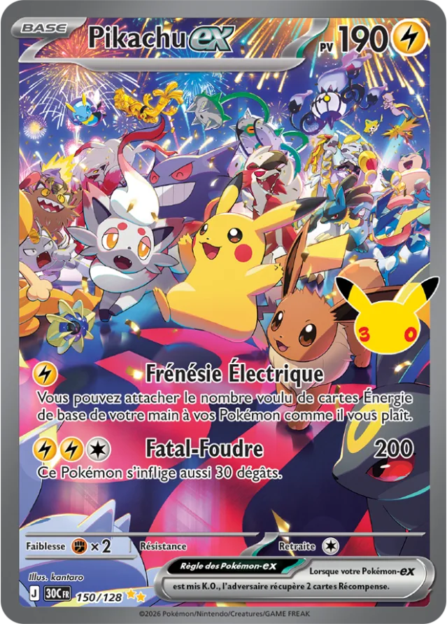 Carte Pikachu-ex nuit Illustration rare du set Pokémon 30th Celebration, Pikachu sur fond sombre avec feux d'artifice