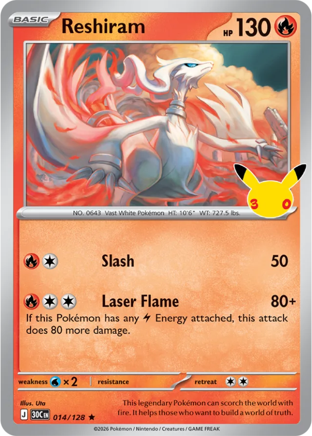 Reshiram-kaart uit de Pokémon 30-jaar jubileumset, de witte legendarische draak van Unova, 130 HP met de aanval Flame Laser