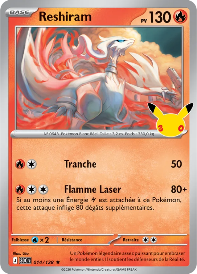Carte Reshiram du set Pokémon 30th Celebration, dragon légendaire blanc d'Unova, 130 PV avec l'attaque Flamme Laser