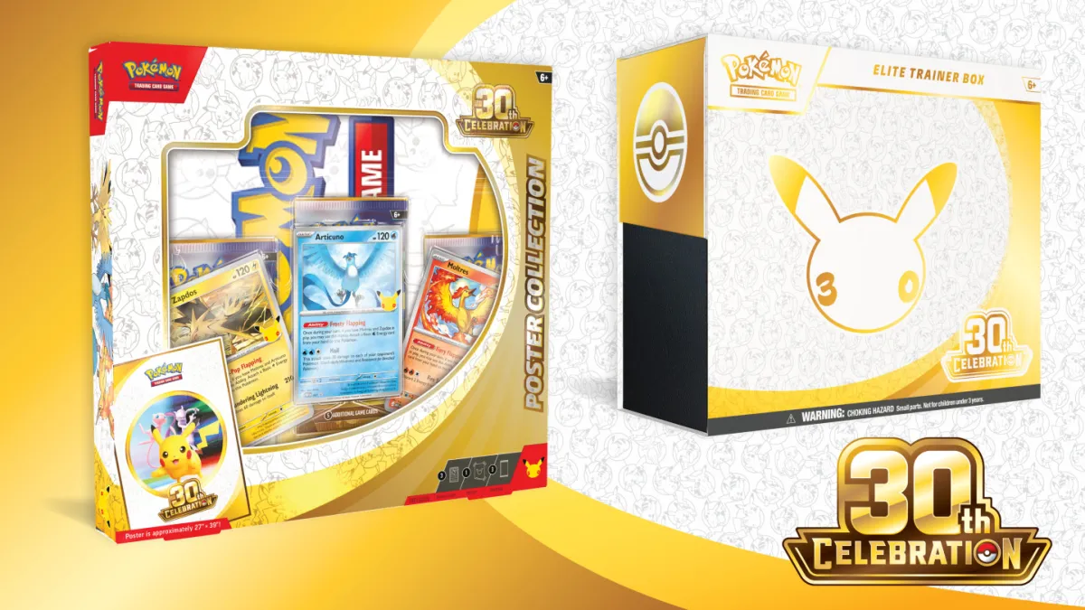Gamme de produits Pokémon JCC 30th Celebration montrant la boîte Poster Collection et l'Elite Trainer Box avec le logo 30th Celebration