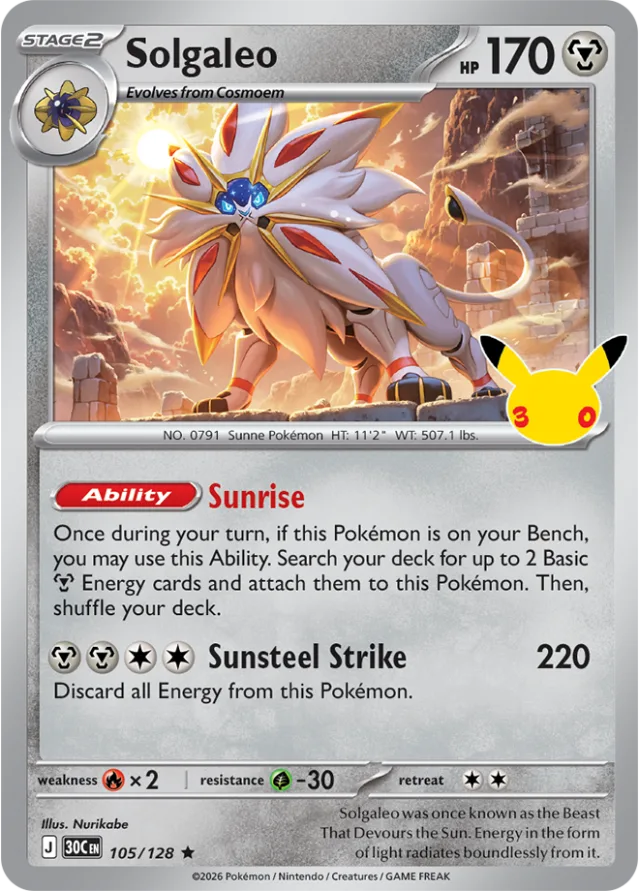 Solgaleo-kaart uit de Pokémon 30-jaar jubileumset, de legendarische zonneleeuw van Alola, 170 HP met de aanval Meteor Impact