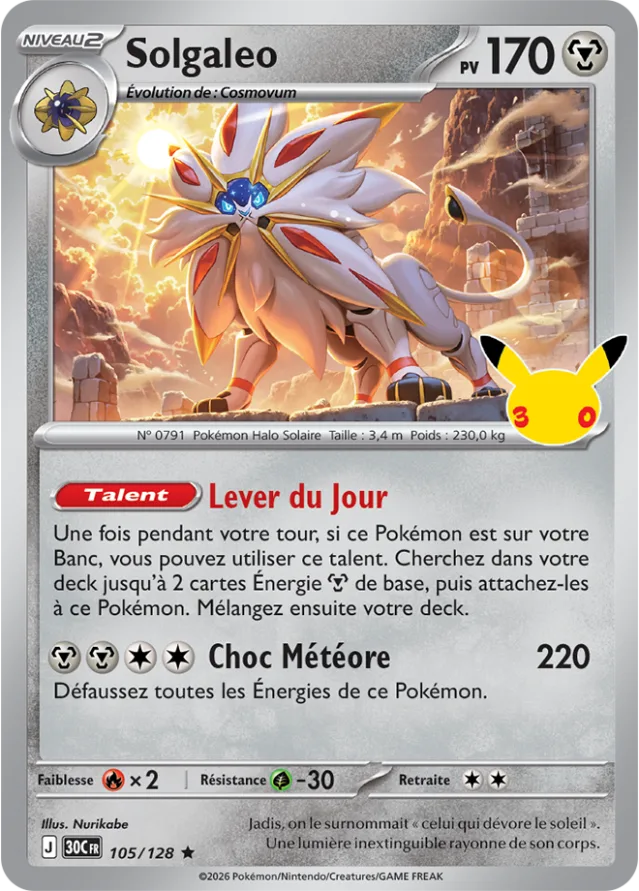 Carte Solgaleo du set Pokémon 30th Celebration, lion légendaire solaire d'Alola, 170 PV avec l'attaque Choc Météore