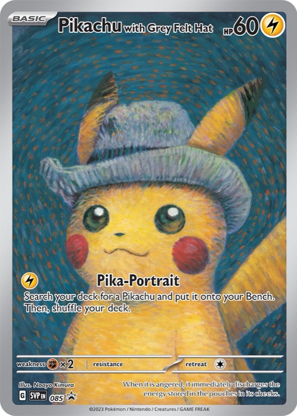 Carte promo Pikachu au chapeau de feutre gris (SVP 085) : Pikachu restylisé d'après l'Autoportrait au chapeau de feutre gris (1887) de Van Gogh